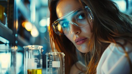 Poster - A woman wearing goggles and a lab coat is looking at two beakers