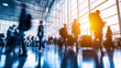 © Curioso.Photography - Blurred motion of people walking in a bright, busy airport terminal with sunlight streaming through large windows.