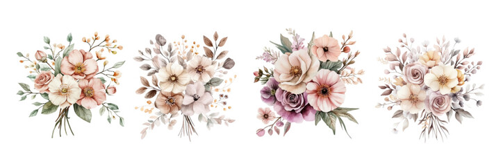 Fototapete - Watercolor set of vintage bouquets of flowers png. Retro floral compositions from various flowers and dried flowers. Concept of invitation, wedding, etc. Vintage watercolor, vector illustration.