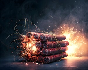 Poster - Dramatic Explosion of Dynamite Sticks in the Final Seconds Before Detonation with Tangled Wires and Dramatic Lighting