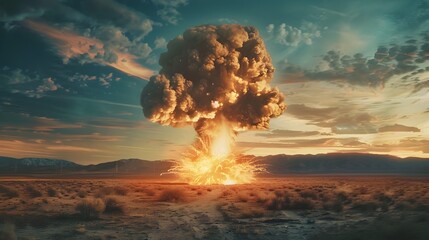 Poster - Iconic Mushroom Cloud Forming During Dramatic Atomic Bomb Test Explosion in Desert Landscape