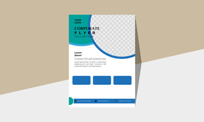 Corporate flyer design, geometric shape with a futuristic look, and three different colors.