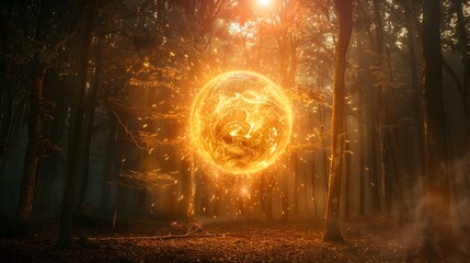 Wall Mural - glowing orb of magical energy erupting in illuminated dark forest