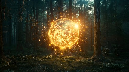 Wall Mural - glowing magical energy orb explosion illuminating dark forest landscape