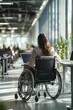 © Simone - Wheelchair User in Modern Open Space Office, Inclusive Environment with Colleagues