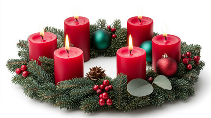 Poster - Red and green advent wreath with four glowing candles isolated on white empty space for text 