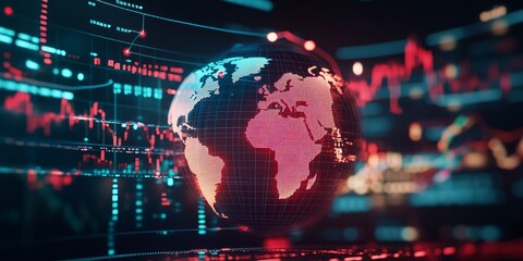 Global Financial Network: Show a brightly lit globe connected by lines representing global financial systems, stock markets, and international trade.