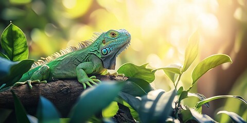 Sticker - Green iguana perched on a branch in a lush tropical jungle.