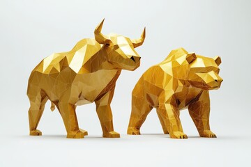 Poster - Gold origami bull and bear sculpture representing financial market trends standing side by side on a white background