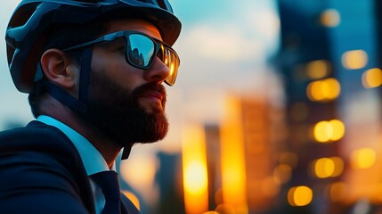 Stylish cyclist in a city at sunset