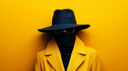 Poster - A woman in a yellow coat and hat is standing in front of a yellow wall