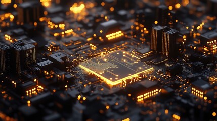Poster - Glowing Circuit Board with Microchips and Lights