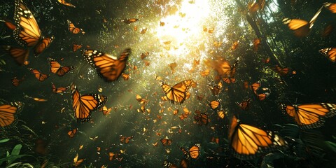 Sticker - A swarm of Monarch butterflies flies in the sunlit canopy of a forest.