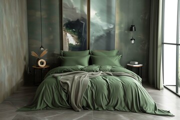 hyper-realistic photo for catalog, military green color, sateen cotton bed sheet for hotel, bed in the center