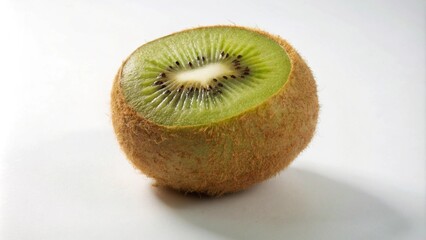 Wall Mural - A halved kiwi fruit with a white background showing the green flesh and black seeds.