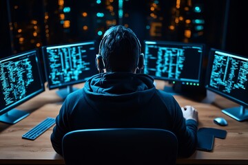 Aufkleber - A hacker sitting in a dark room, illuminated only by multiple computer screens displaying stolen data, symbolizing the reality of data theft in the digital age