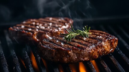 Grilled Steak with Rosemary Garnished on the BBQ