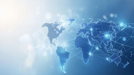 A light blue background with a digital world map and global network connections, representing the concept of international business 