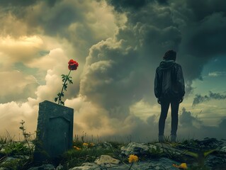 Solitary figure at grave holding wilted flower under storm clouds disheartened concept