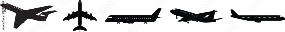 Silhouette of a black airplane on a white background. Top view, front ...