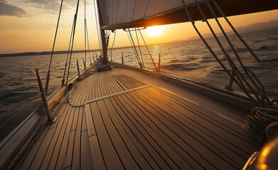 Sailing yacht at sunset, gliding smoothly over calm waters.