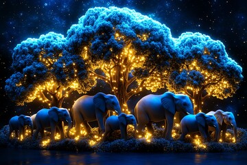 Poster - A herd of elephants walking through a magical forest, with trees glowing softly and ethereal light surrounding them, creating an enchanting and fantastical scene