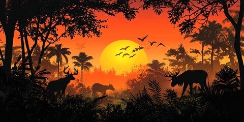 Poster - Silhouette of a forest at sunset with a deer and an elk.