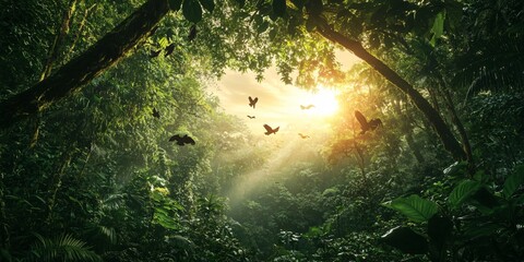 Sticker - Sun rays shining through the dense foliage of a lush rainforest with birds in flight.