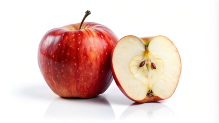 Wall Mural - A whole red apple and a halved red apple on a white background.