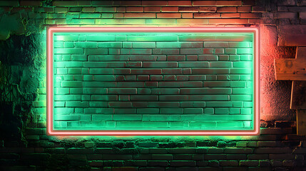Poster - Nightlife Aesthetics: Green Neon Frame on Brick Background