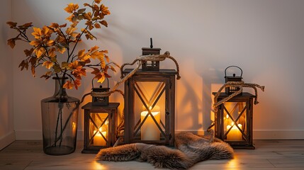 Wall Mural - Three wooden lanterns with glass and rope handles