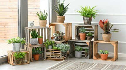 Wall Mural - Wooden shelves for plants in the room, with pots and vases on them