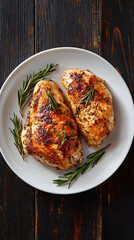 Two seasoned and cooked chicken breasts are laying on a white plate with sprigs of rosemary for garnish