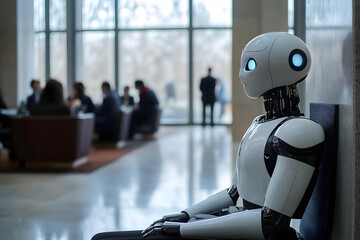 Canvas Print - Futuristic humanoid robot sits among business professionals in a modern office lobby, symbolizing the integration of AI in workplace environments.