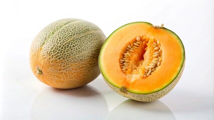 Wall Mural - A whole cantaloupe melon and a halved cantaloupe melon with seeds on a white background.