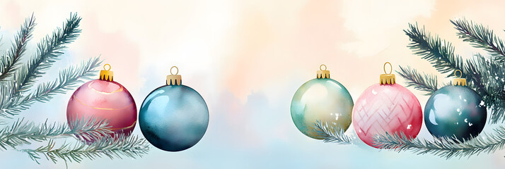 Sticker - Watercolor illustration of Christmas ornaments and evergreen branches on a soft background. Concept of holiday decorations, winter festivities, and joyful celebrations