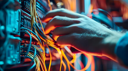 Poster - close-up of technician's hands working with network wires and servers in data center