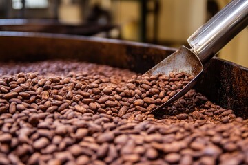 Aromatic Roasted Cocoa Beans in Industrial Kitchen Setting