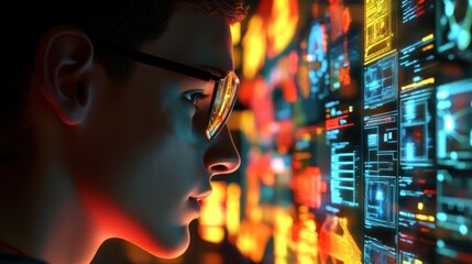 Poster - A young individual analyzes digital data displayed on vibrant screens.