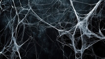 Poster - A dark background featuring intricate white spiderweb patterns.