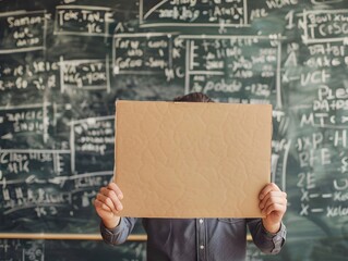 Poster - Teacher Holding Blank Cardboard Sign in Classroom with Chalkboard of Equations Concept