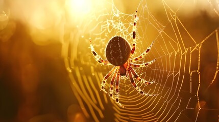 Sunlit spider web with a colorful spider, capturing the intricate beauty of nature and the delicate artistry of arachnid structures.