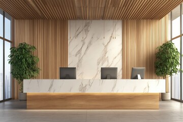 Wall Mural - Modern Business Interior with Reception Desk, Conference Room and City View