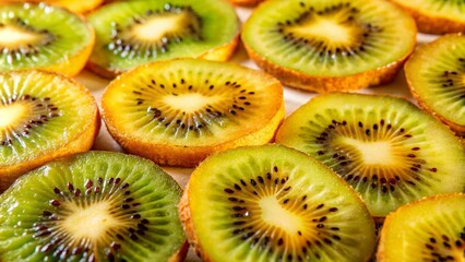 Wall Mural - Close-up of fresh, sliced kiwi fruit on a white background.