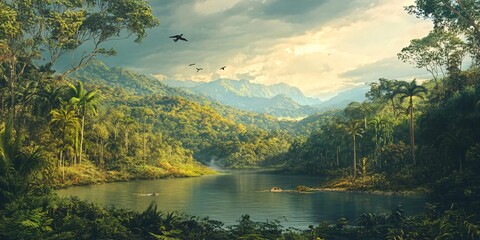 Wall Mural - Tranquil river flowing through a lush green tropical rainforest with mountains in the background.