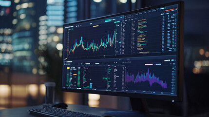 financial analytics dashboard on computer screen. business data analysis, stock market research and 