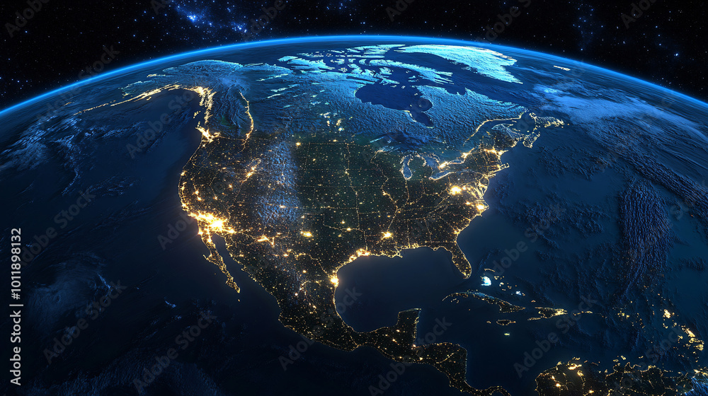 glowing earth from space north america at night with city lights and ...