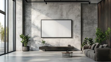 Canvas Print - Modern TV Room Interior Design with Concrete Wall and Vintage Elements