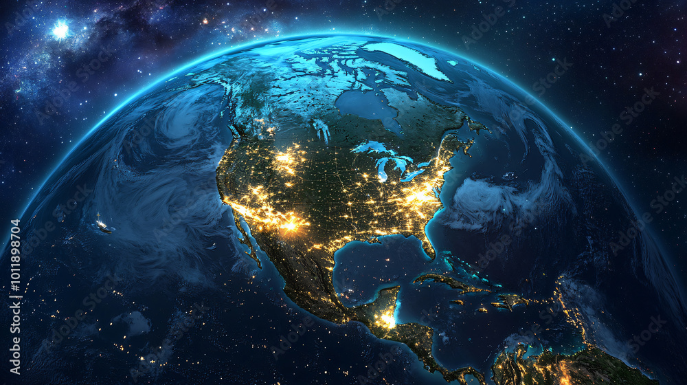 glowing earth from space north america at night with city lights and ...