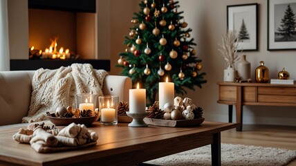 Wall Mural - christmas table with candles and gifts